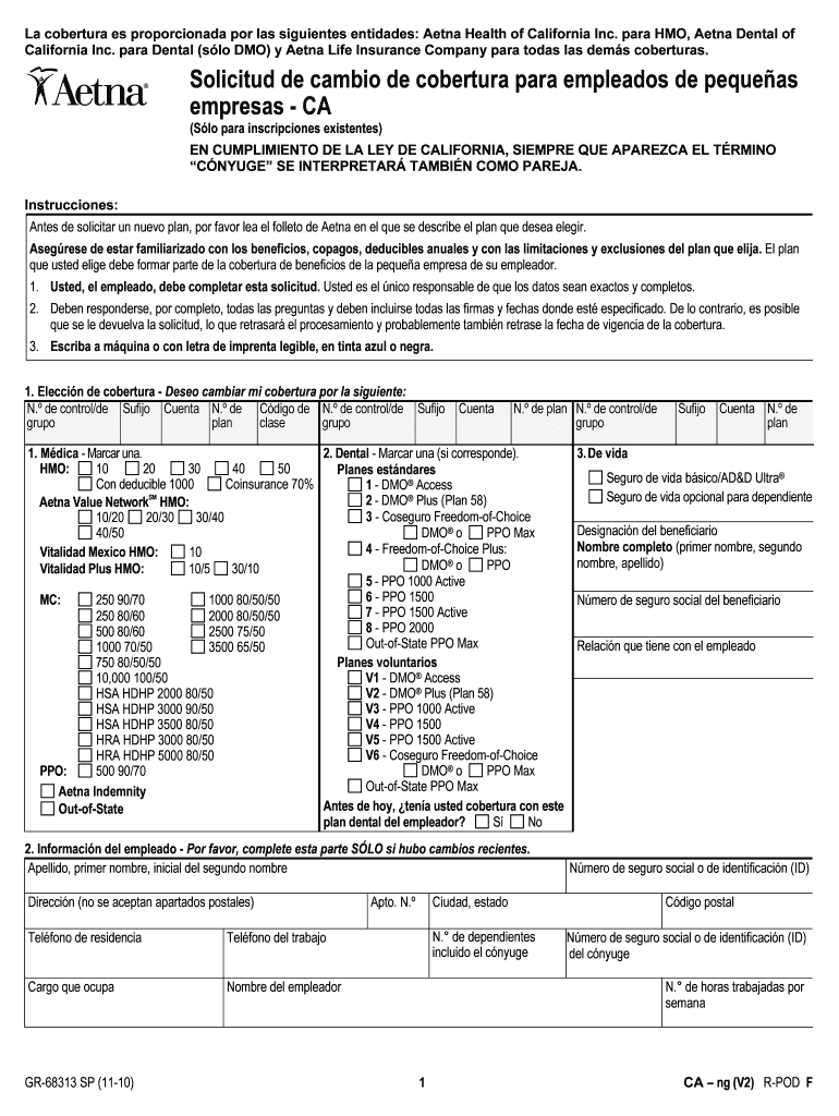 CA Small Group Change of Coverage Form - Spanish - Aetna CA Small Group Change of Coverage Form - Sp Preview on Page 1