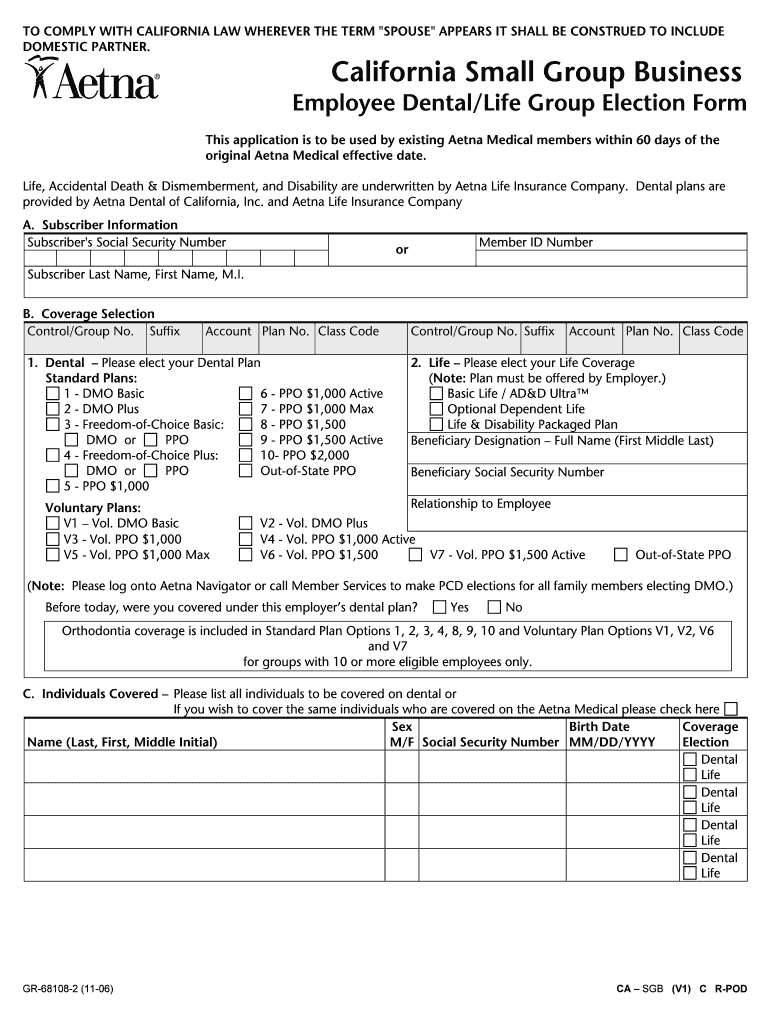 California Employee Dental Life Group Election Form Preview on Page 1