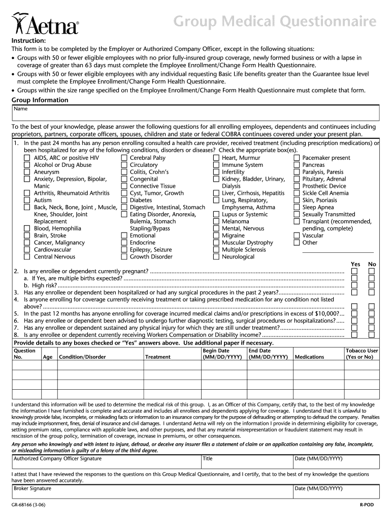 Group Medical Questionnaire PA DC VA - Aetna Preview on Page 1