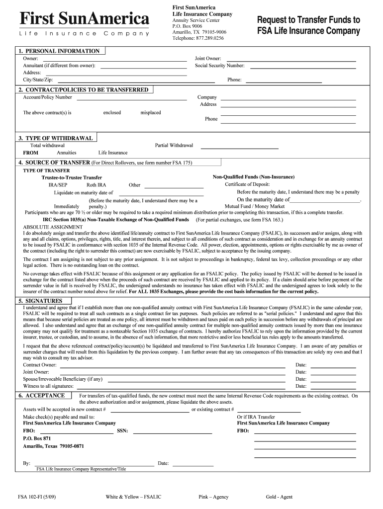 FSA 102FI - Request to Transfer Funds 5-09 doc Preview on Page 1