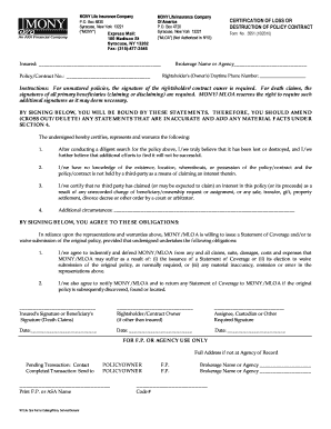 MONY Life Insurance Policy Loss Certification