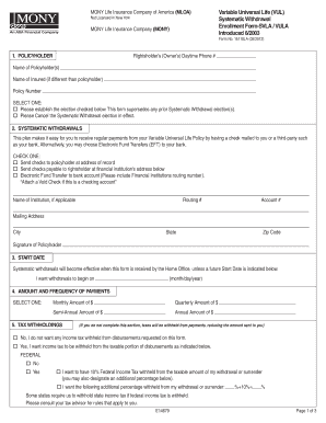 MONY Life Insurance Systematic Withdrawal Form