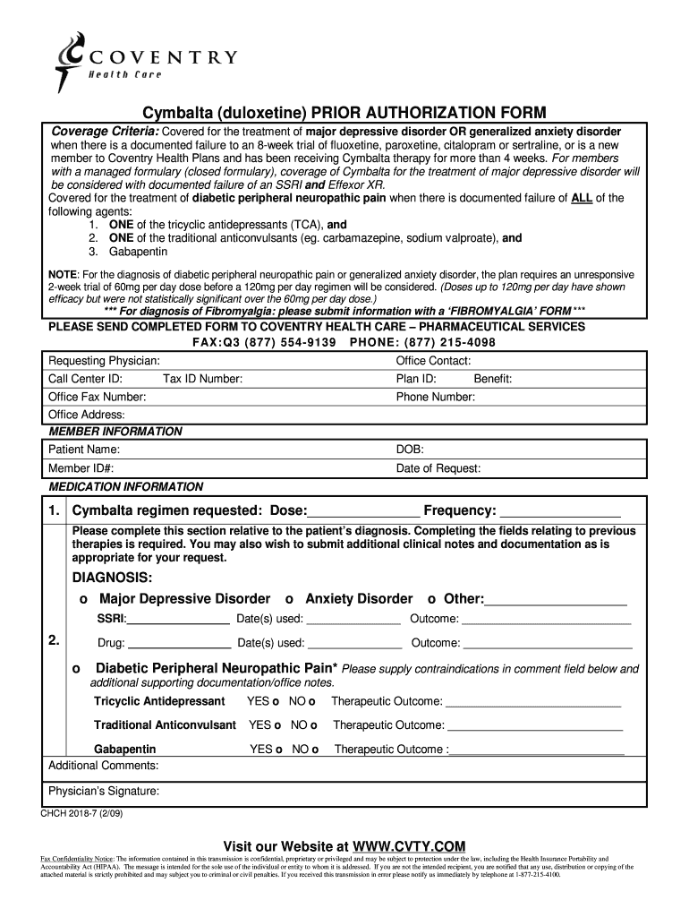 Cymbalta (duloxetine) PRIOR AUTHORIZATION FORM - Coventry Preview on Page 1