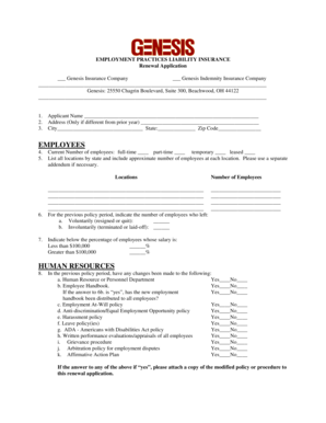 Employment Practices Liability Insurance Renewal Application