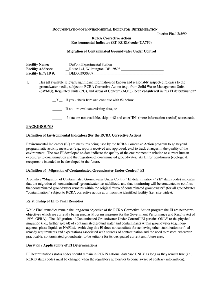 Region 3 RCRA Corrective Action Envionmental Indicator for Dupont Experimental Station GW DED0039308 Preview on Page 1