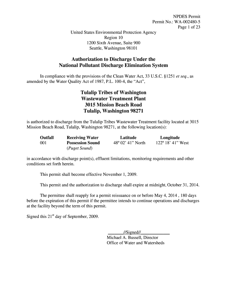 Final NPDES Permit for Tulalip Tribes of Washington Wastewater Treatment Plant, Tulalip, WA wastewat Preview on Page 1