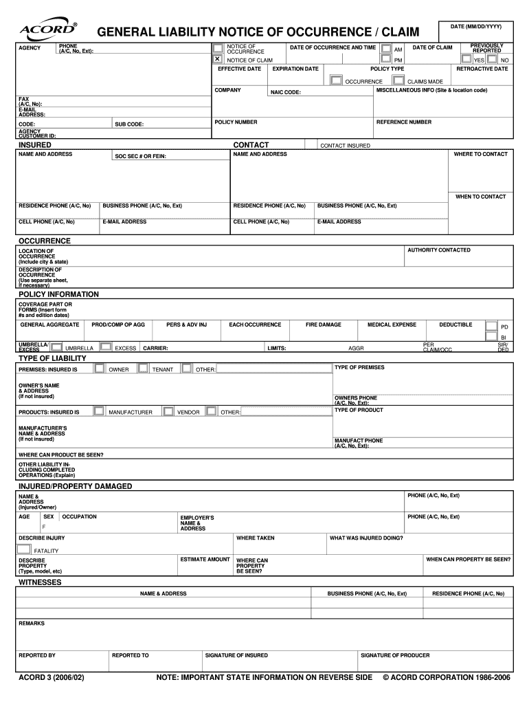 General Liability Loss Notice - Member Insurance Preview on Page 1