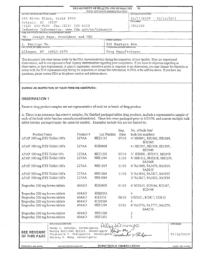 DEPARTMENT OF HEALTH AND HUMAN SET 'ES FOOD AND DRUG ADMINISTRATION DISTRICT ADDRESS AND PHONE NUMBER DATE(S)OFINSPECTION I 11/17/2009 1 300 River Place, Suite 5900 Detroit, M1 48207 (313) 393-8100 Fax, (313) - 01/14/2010 FEI NUMBER - fda