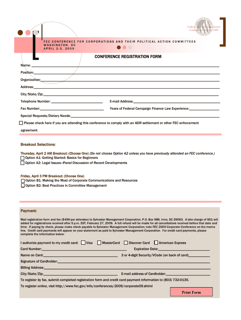 CONFERENCE REGISTRATION FORM - Federal Election - fec Preview on Page 1