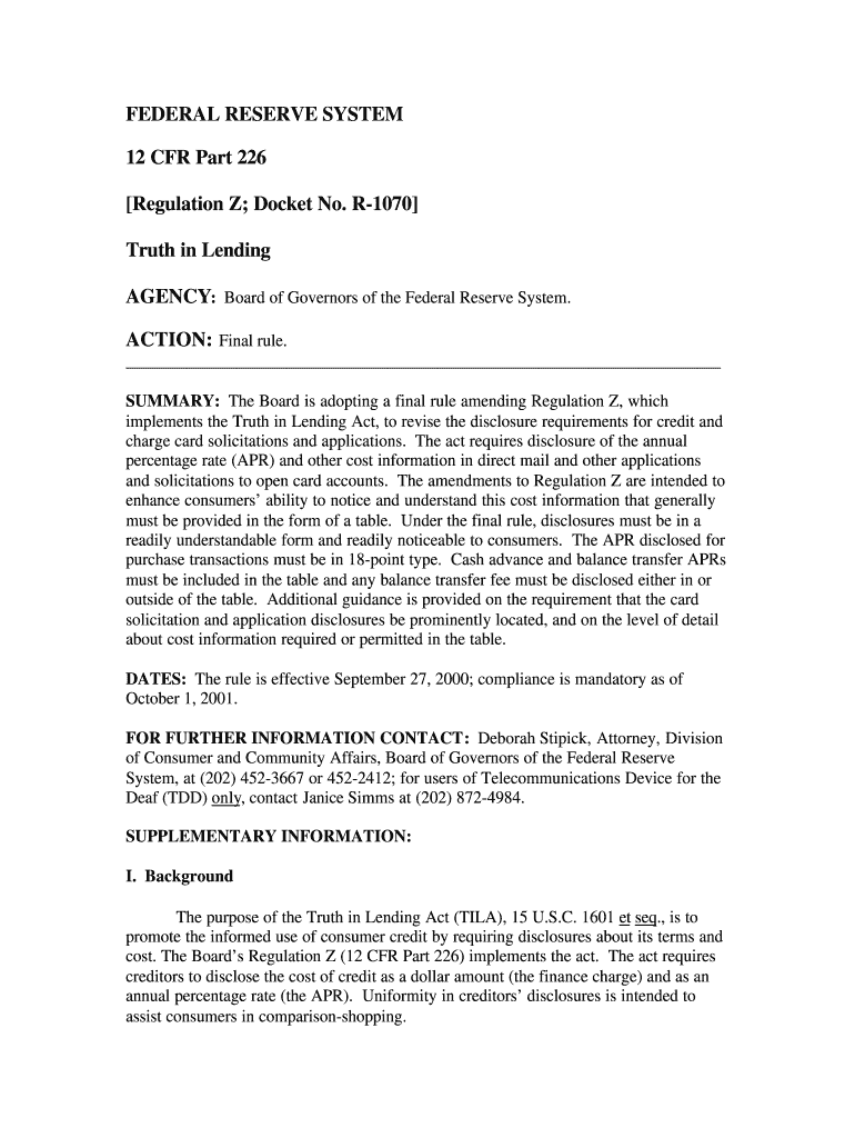 R-1070 Truth in Lending AGENCY: Board of Governors of the Federal Reserve System Preview on Page 1