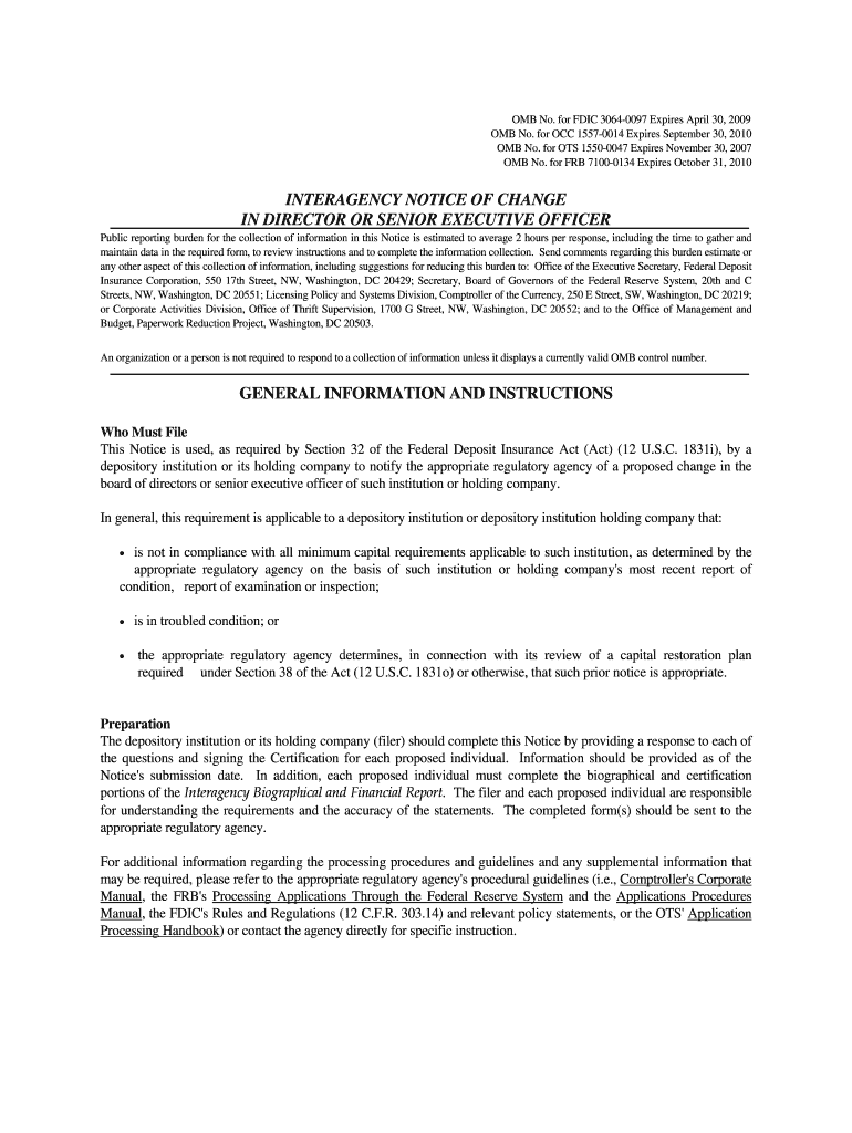 for FRB 7100-0134 Expires October 31, 2010 INTERAGENCY NOTICE OF CHANGE IN DIRECTOR OR SENIOR EXECUT Preview on Page 1