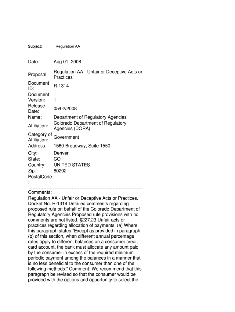 Date: Aug 01, 2008 Regulation AA - Unfair or Deceptive Acts or - federalreserve Preview on Page 1