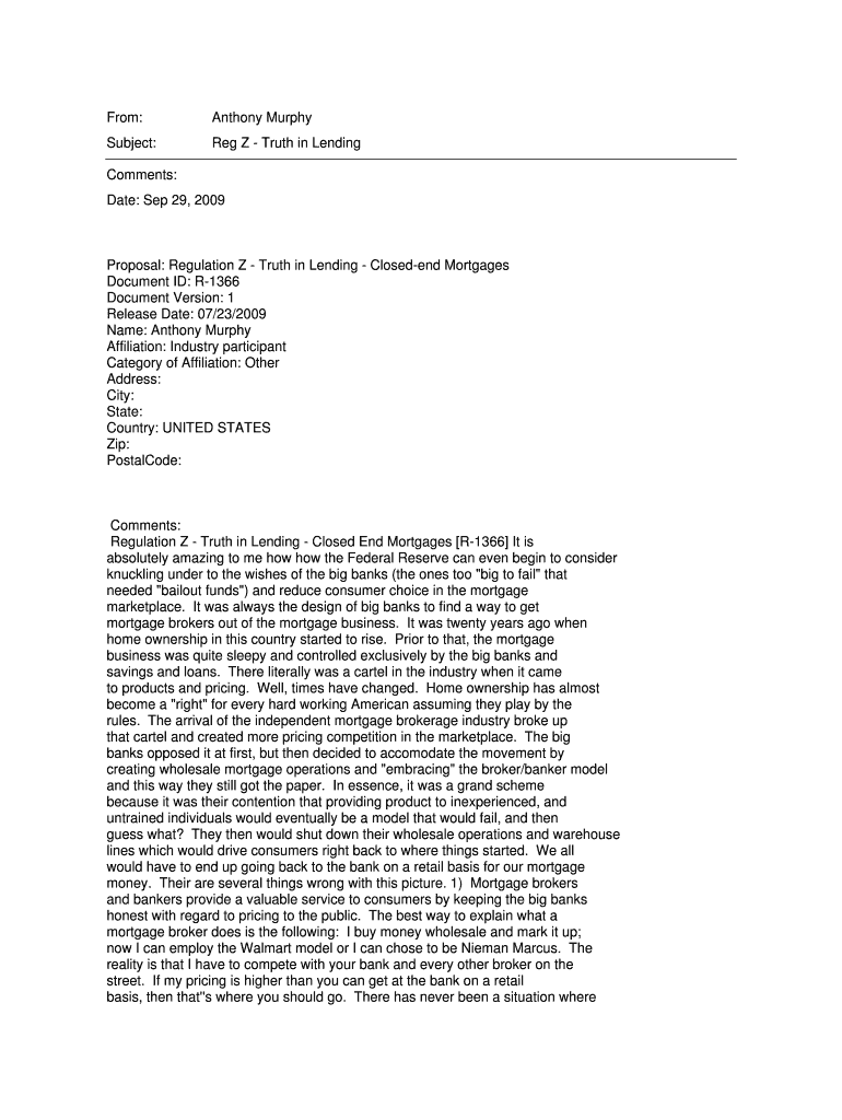 From: Anthony Murphy Subject: Reg Z - Truth in Lending Comments - federalreserve Preview on Page 1