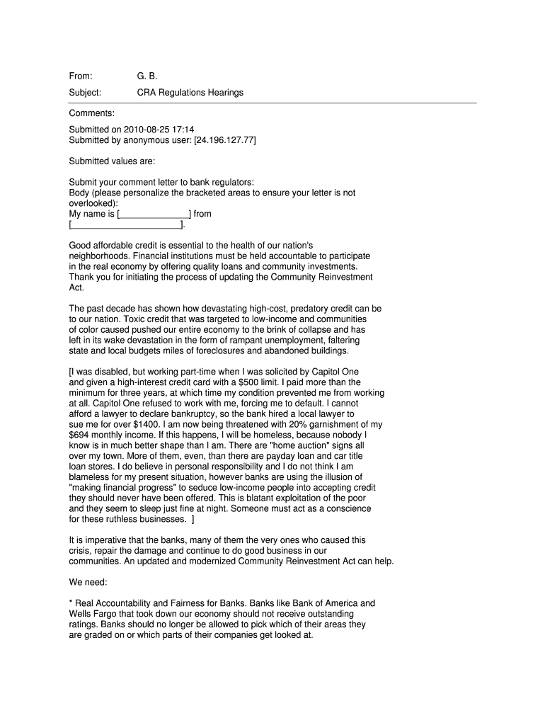 CRA Regulations Hearings Comments - Federal Reserve - federalreserve Preview on Page 1