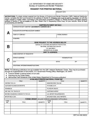 US Customs Request for Printed Material