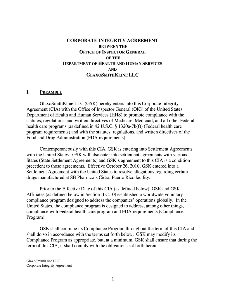 Corporate Integrity Agreement - US Department of Justice - justice Preview on Page 1