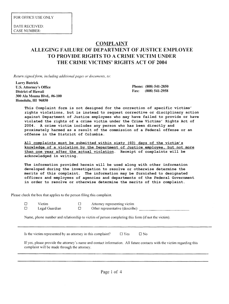 Victims' Rights Complaint form Preview on Page 1