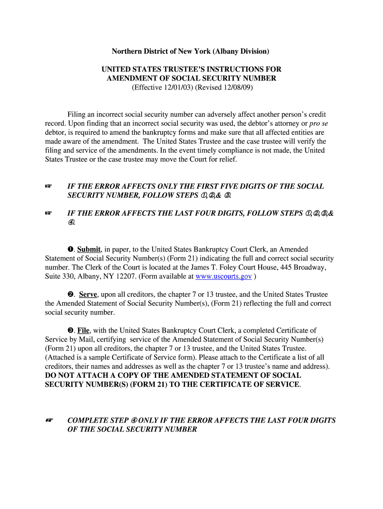 NDNY Instructions to Correct SSN - 12-08-09 Northern District of New York (Albany Division) - justic Preview on Page 1