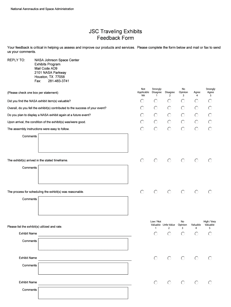 JSC Traveling Exhibits Feedback Form - NASA Preview on Page 1