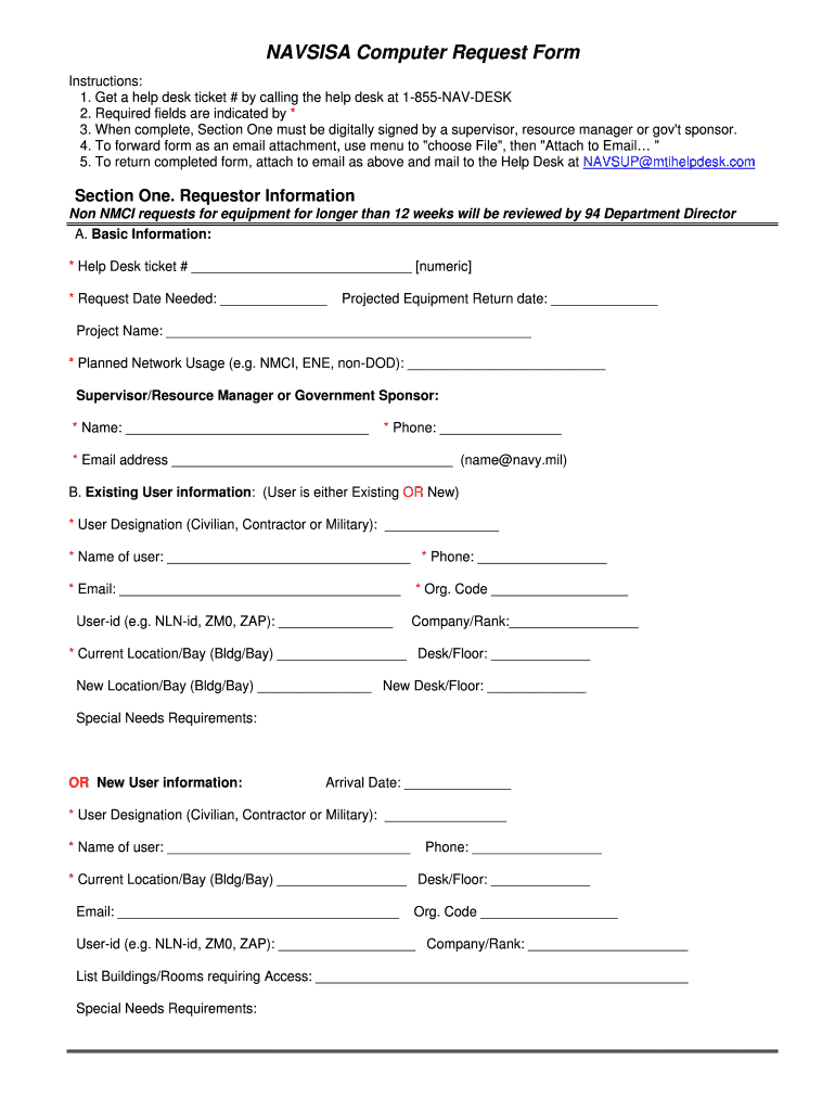 NAVSISA Computer Request Form Preview on Page 1