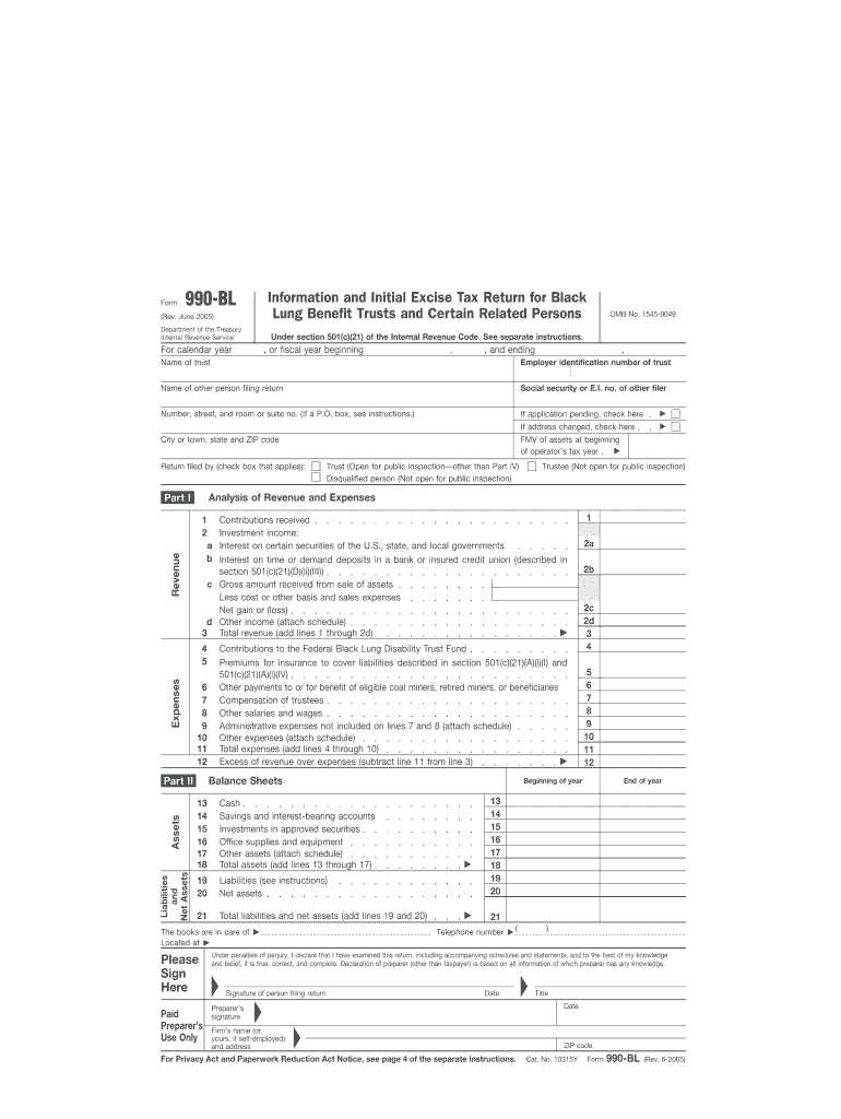 Form 990-BL (Rev June 2005 ) - IRS - irs Preview on Page 1