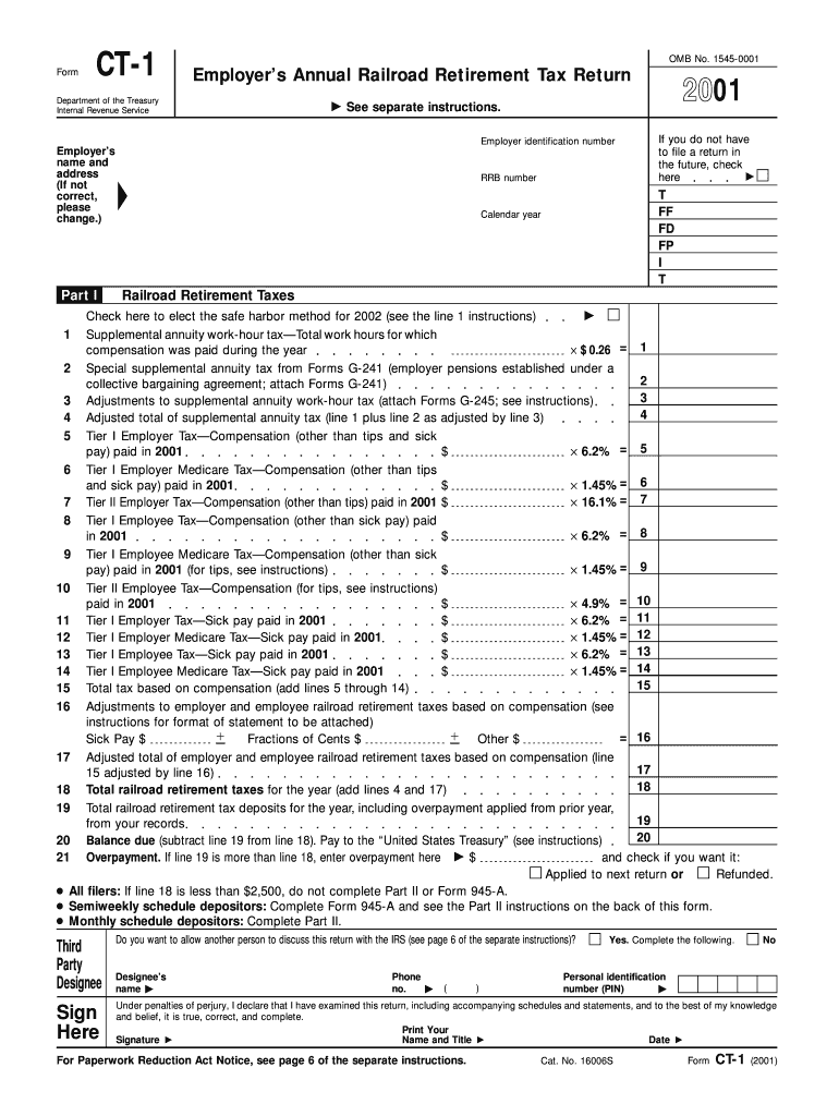 2001 Form CT-1 Employer's Annual Railroad Retirement Tax Return Preview on Page 1