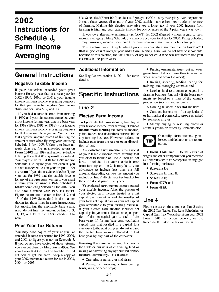 2002 Instructions for Schedule J, Farm Income Averaging - irs Preview on Page 1