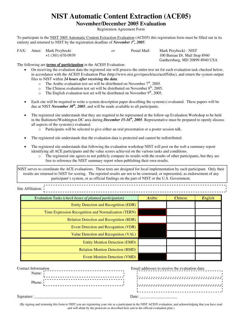 Official ACE05 Participation Registration form Preview on Page 1