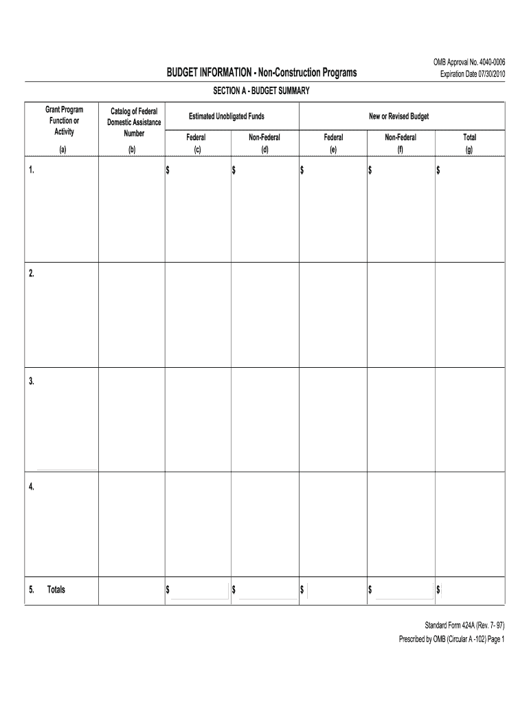 4040-0006 Expiration Date 07 30 2010 BUDGET INFORMATION - Non-Construction Programs SECTION A - BUDG Preview on Page 1