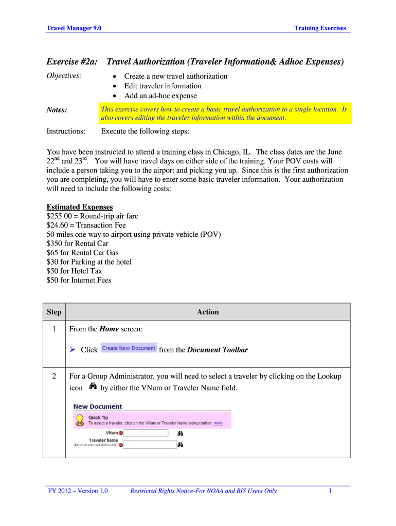 Exercise #2a: Travel Authorization (Traveler Informationand Adhoc Expenses) Preview on Page 1