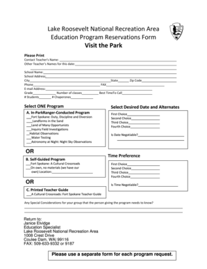 Lake Roosevelt Education Program Reservation Form