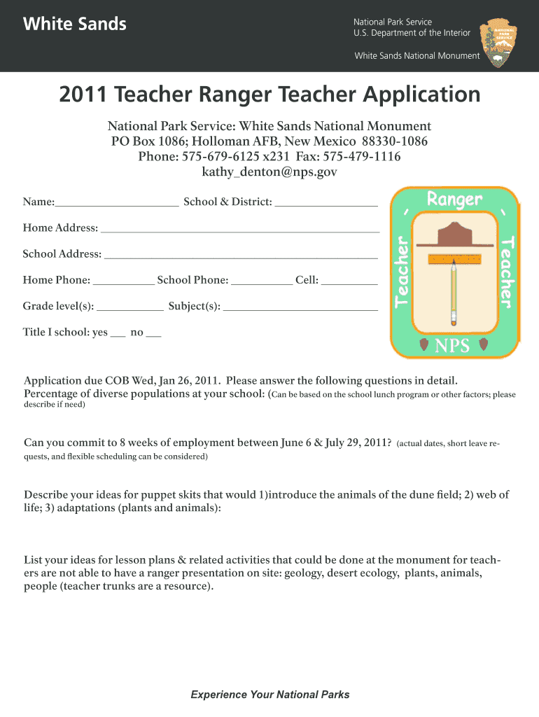 2011 Teacher Ranger Teacher Application - nps Preview on Page 1