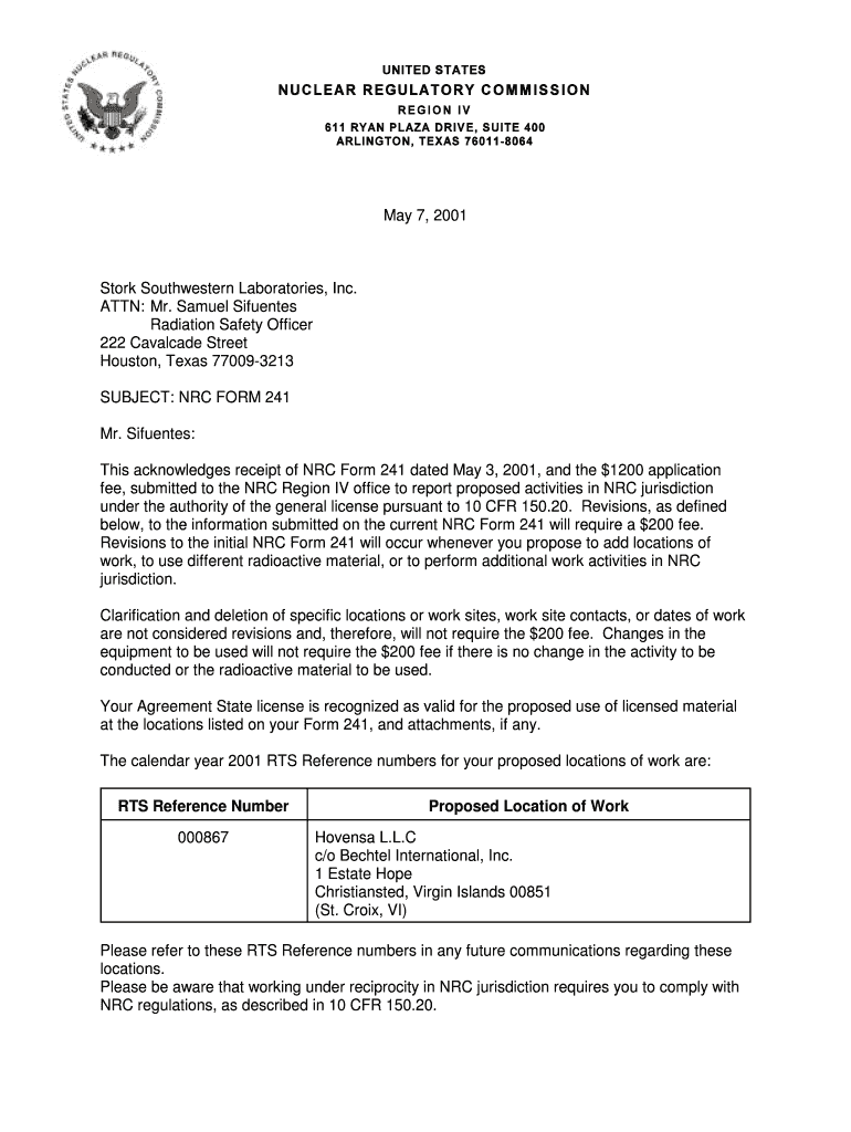 Stork Southwestern Laboratories, Houston, TX, Approval for initial NRC 241 dated May 3, 2001 - pbadu Preview on Page 1