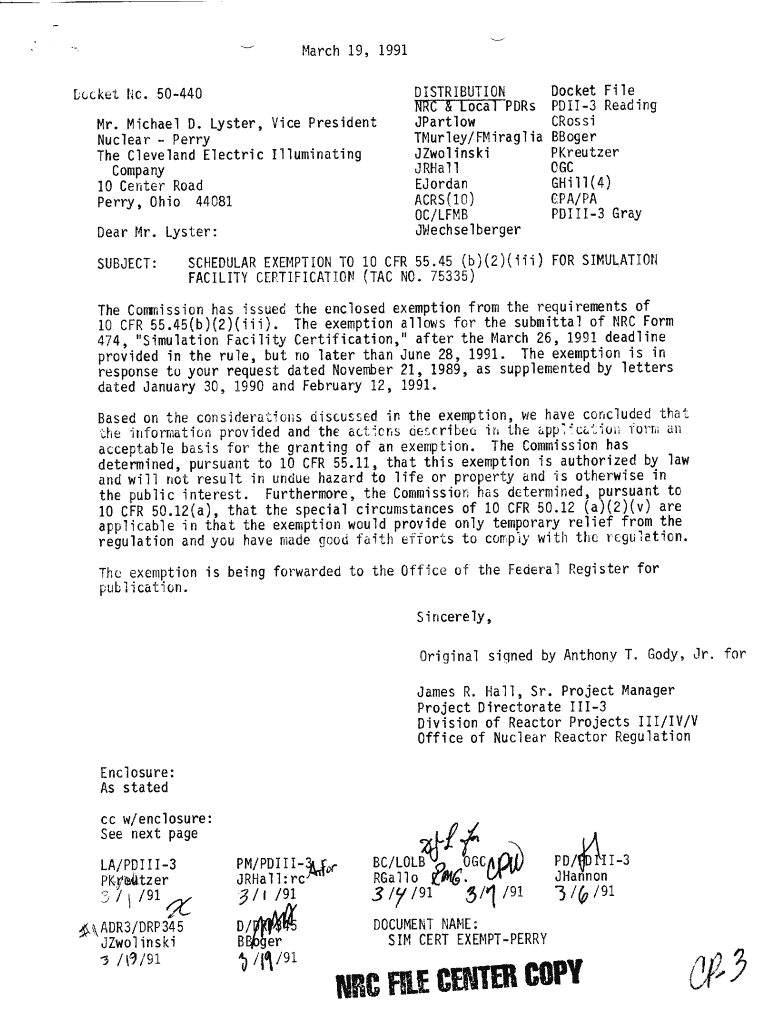 Perry, Unit 1, Exemption, Allows for Submittal of NRC Form 474, After March 26, 1991 Deadline Provid Preview on Page 1