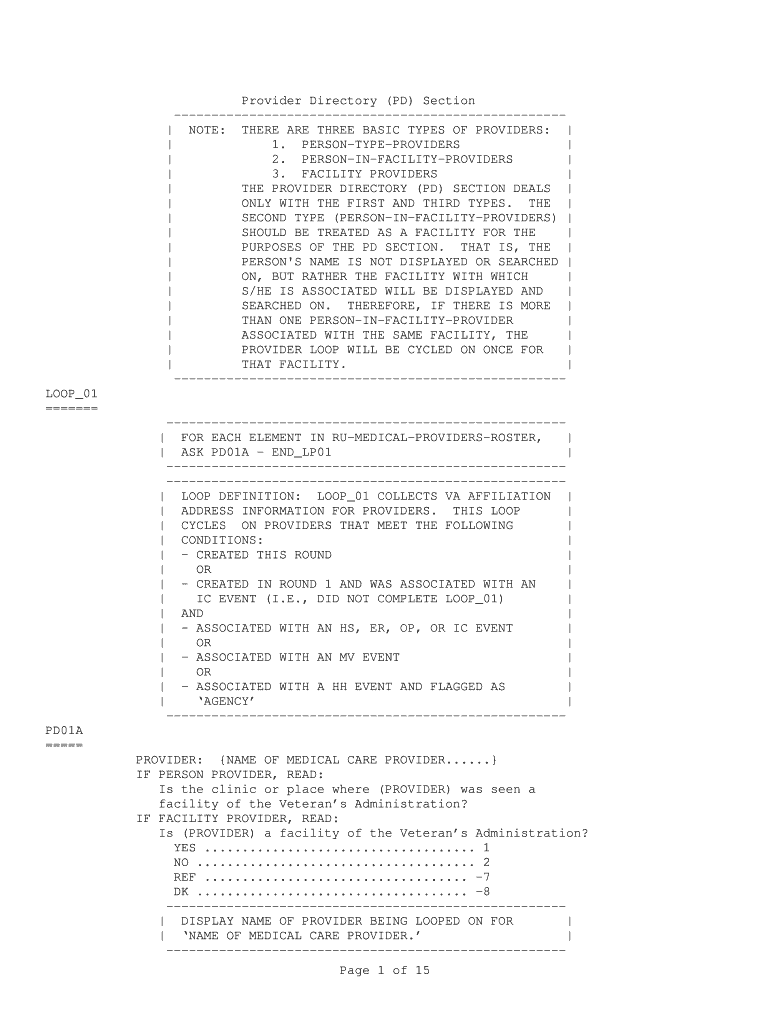 MEPS FAMES Panel 11 Round 5 Provider Directory (PD) Section Survey, Household Component Questionnair Preview on Page 1