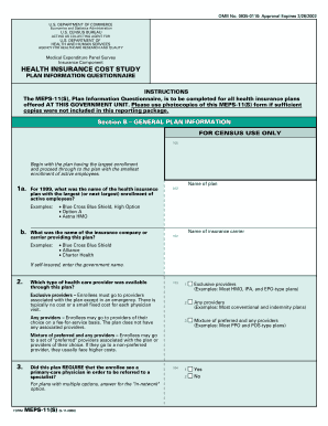 Health Insurance Cost Study Plan Information Questionnaire