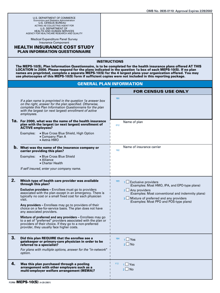 Government Questionnaire HEALTH INSURANCE COST STUDY Preview on Page 1