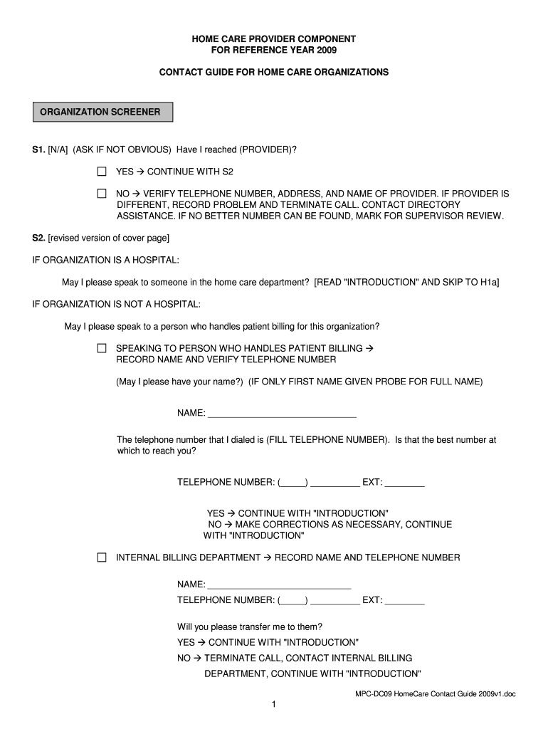 Medical Provider Component Reference Year 2009 Contact Guide for Home Care Organizations - meps ahrq Preview on Page 1