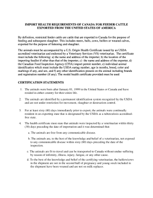 US Canada Feeder Cattle Health Certificate
