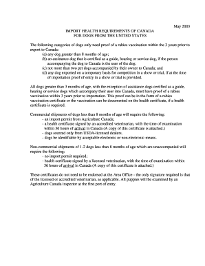 Veterinary Health Certificate for Dog Import to Canada