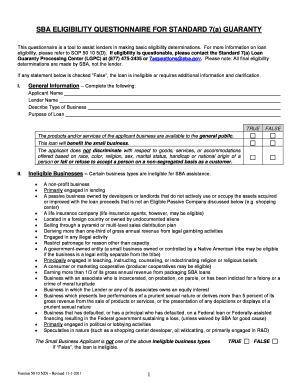 SBA Eligibility Questionnaire for Standard 7(a) Guaranty