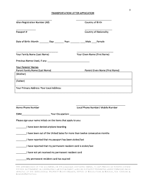 USCIS Transportation Letter Application