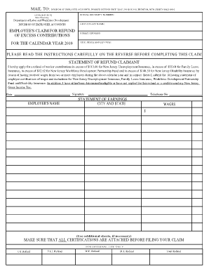 New Jersey Employee's Claim for Refund of Excess Contributions