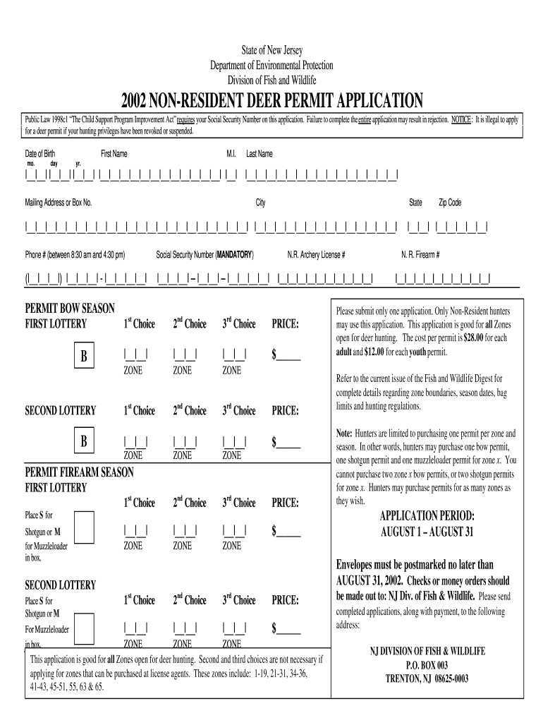 Fillable Online state nj 2002 NONRESIDENT DEER PERMIT State of