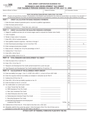 New Jersey Corporation Business Tax Form 306