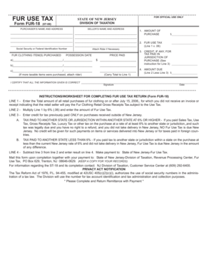 New Jersey Fur Use Tax Form FUR-18