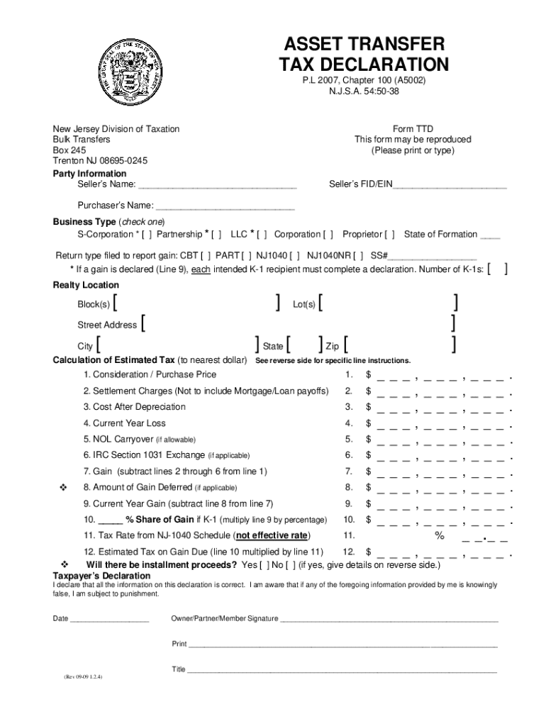 nj asset transfer tax declaration Preview on Page 1