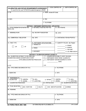 DA Form 3758-R Calibration and Repair Requirements Worksheet