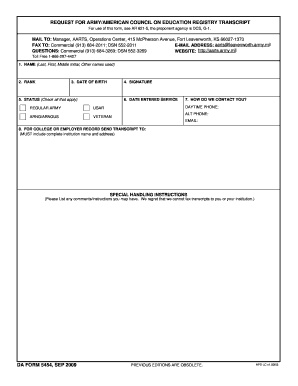 Army ACE Registry Transcript Request Form
