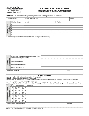 USCG Assignment Data Worksheet